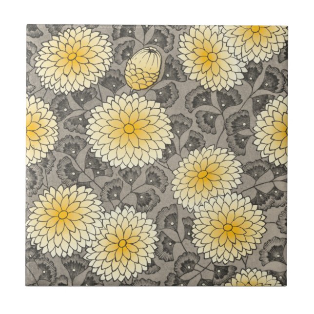Azulejo Arte y artesanía crisantemo amarillo gris repro (Frente)