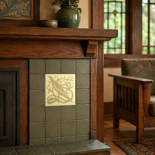 Azulejo Artes y Oficios Estilo Craftsman Pájaro en Follaje