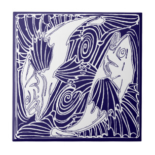 Azulejo Artes y Oficios Vintage Japonés Koi Goldfish