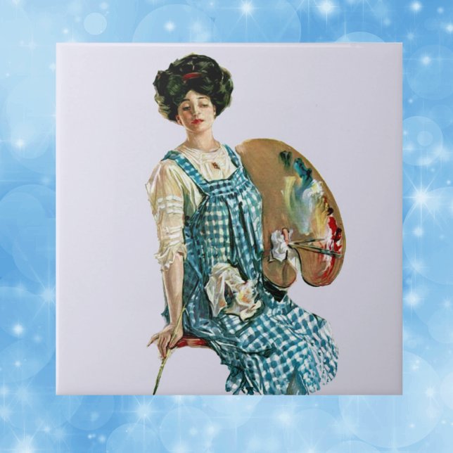 Azulejo Artista victoriana vintage Lady Painter Palette (Victorian lady artist in plaid smock with paint pallette on pale blue decorative ceramic tile.)