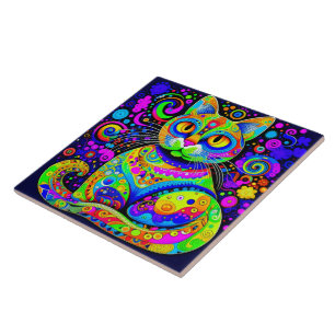 Azulejo Artsy Whimsical Vibrante Colorido Cat Cerámica Til