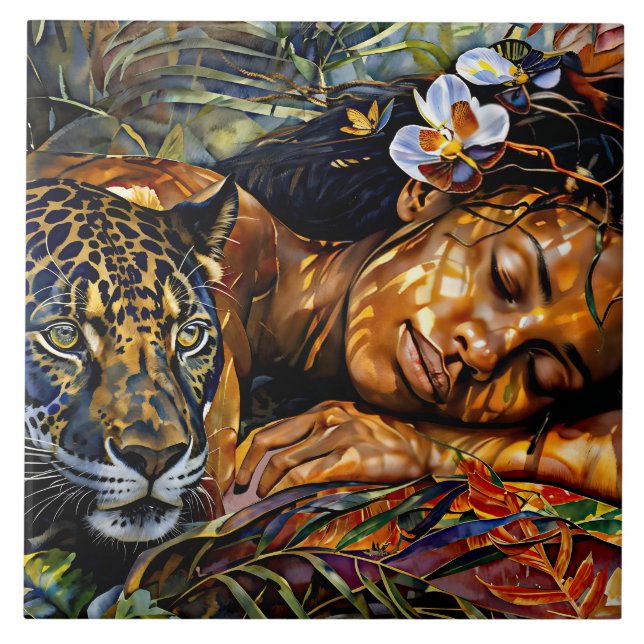 Azulejo "Arumáya" Bloom de Jaguar - Mujeres en la Amazonía (Frente)