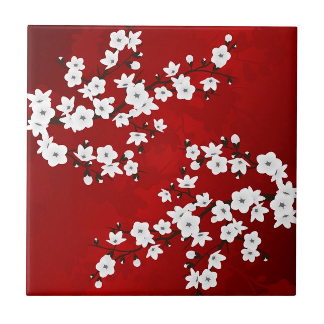 Azulejo Asia Floral Blanco Flor de Cerezo Roja (Frente)
