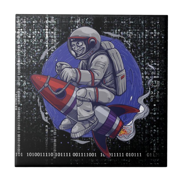 Azulejo Astronauta monta un cohete - Espacio retro ingenio (Frente)