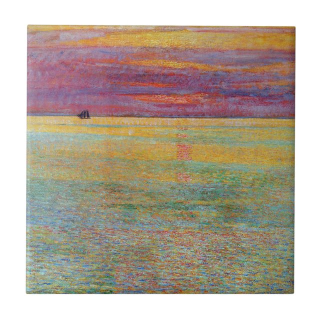 Azulejo Atardecer en el mar (por Childe Hassam) (Frente)