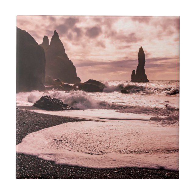 Azulejo Atardecer en la playa de arena negra de Reynisfjar (Frente)