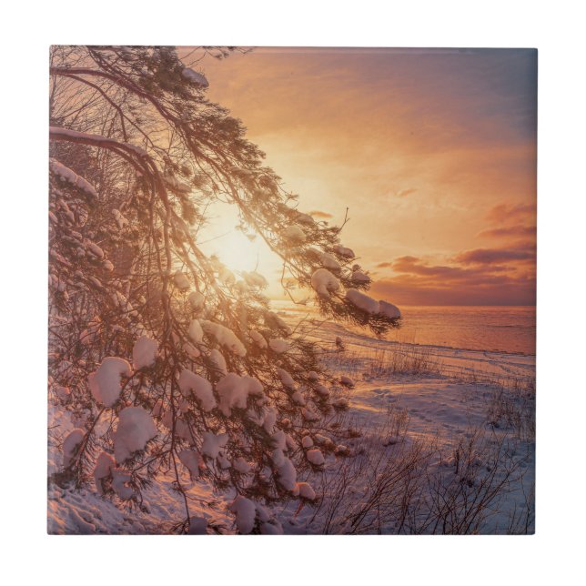 Azulejo Atardecer sobre el mar y el pino nevado (Frente)