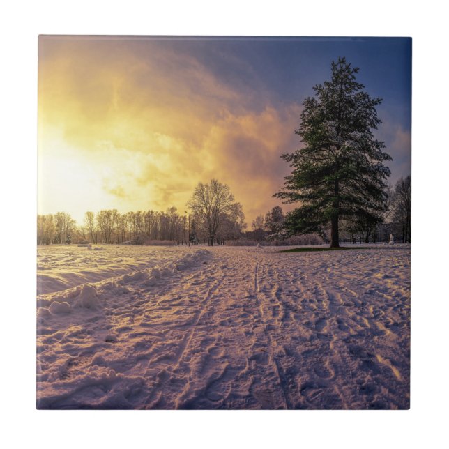 Azulejo Atardecer sobre el nevado parque invernal (Frente)