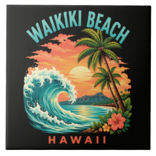 Azulejo Atardecer tropical en la playa Waikiki Hawaii