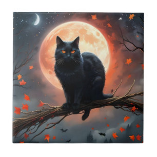 Azulejo Aterrador Halloween Black Cat Moonlight,