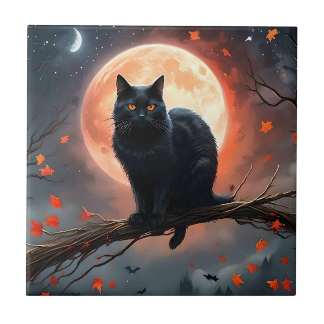 Azulejo Aterrador Halloween Black Cat Moonlight, (Frente)