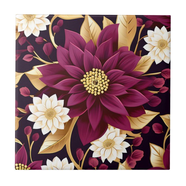 Azulejo Audaces Hojas De Oro De Borgoña Y Floral (Frente)