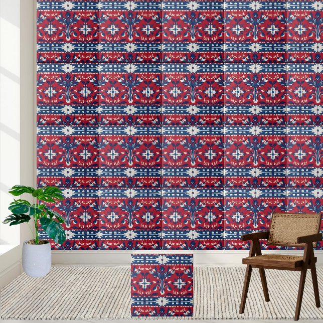 Azulejo Audaz mosaico floral escandinavo en azul y blanco  (Bold Scandinavian Floral Tile in Red Blue & White)