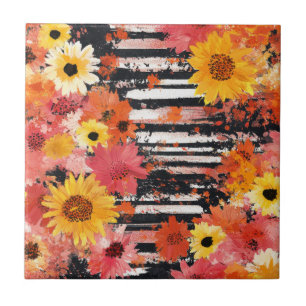 Azulejo Audaz Patrón Floral Grunge Negro Naranja Rosa