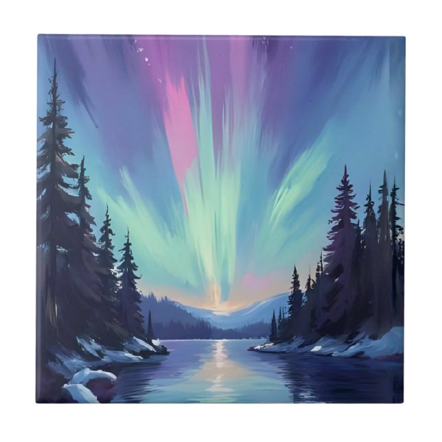 Azulejo Aurora Boreal | Luces del Norte Acuarela (Frente)