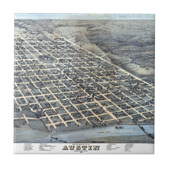 Azulejo Austin, Texas Antique Aerial City Map de 1873 (Frente)