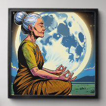 Mujer mayor meditando bajo la luna
