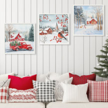 Navidades acuarela Snowy Winter Scene Red Houses