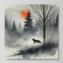 Paisaje de los bosques acuarelas con Fox