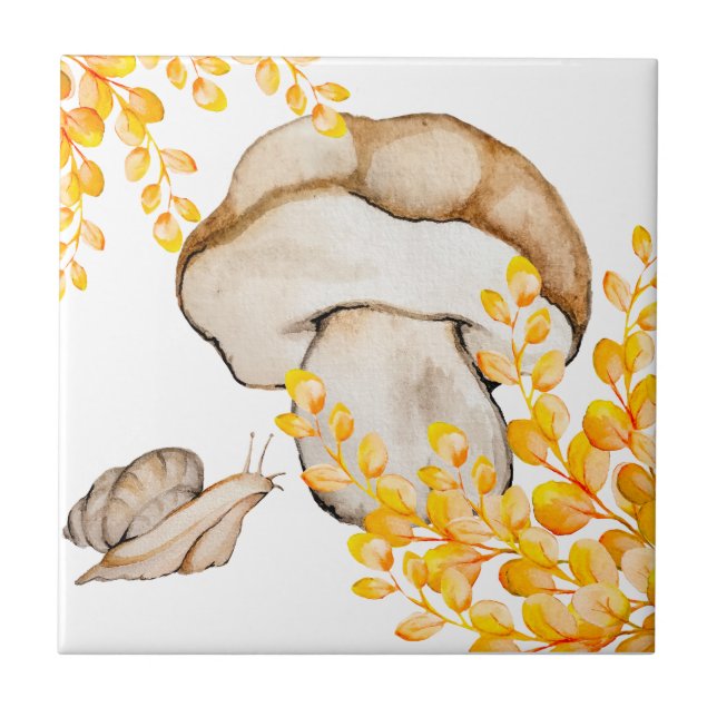 Azulejo Autumn mushroom, snail and yellow branches  square (Frente)