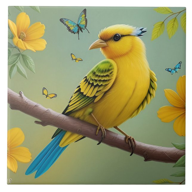 Azulejo Ave amarillo en la rama (Frente)