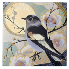 Azulejo Ave Art Decó Nouveau en rama floral muda