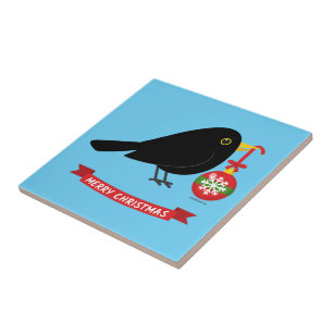 Azulejo Ave Negra Con Una Bola De Navidades