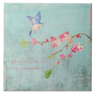 Azulejo Ave Primaveral Corazón Floral Corazón Azul
