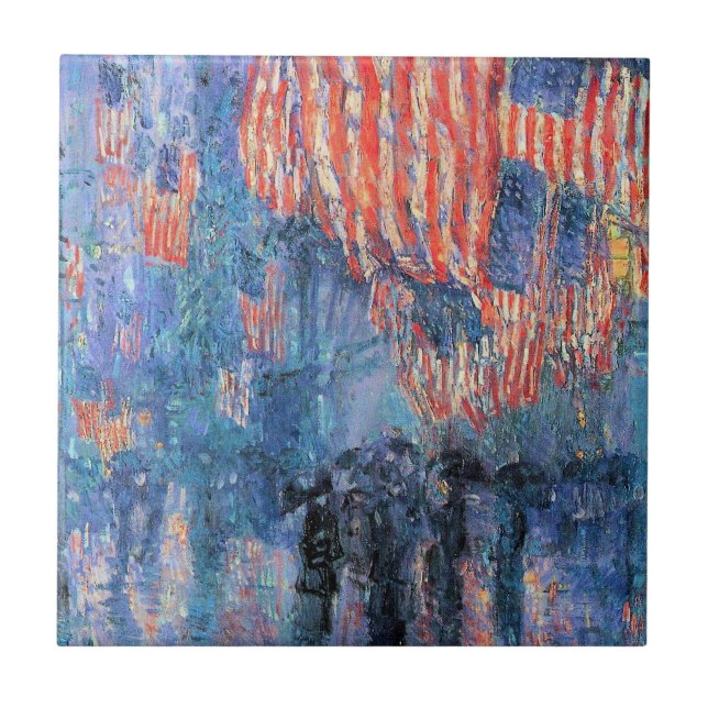 Azulejo Avenida bajo la lluvia de Frederick Childe Hassam (Frente)