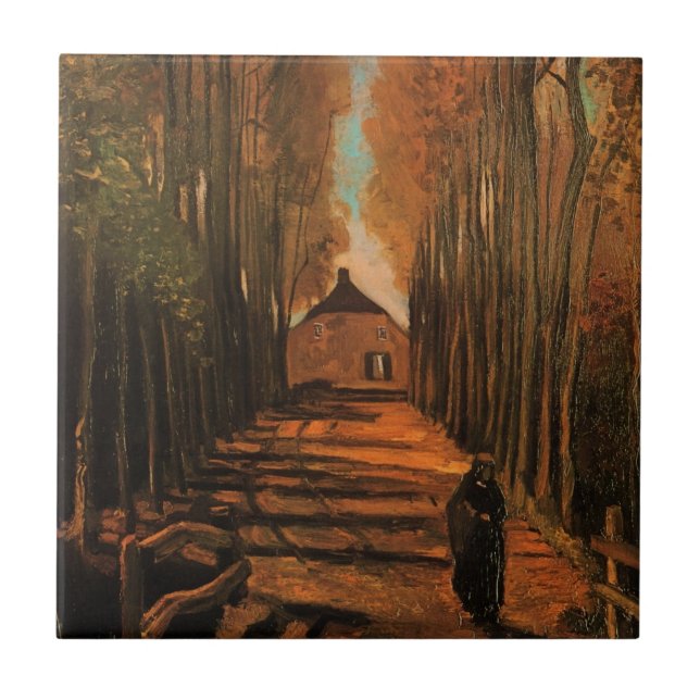 Azulejo Avenida de Poplars en otoño por Vincent van Gogh (Frente)
