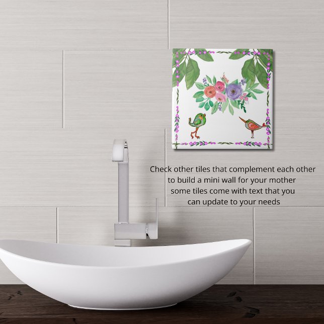 Azulejo Aves acuarelas y flores decorativas (Watercolor Birds & Flowers Decorative Ceramic Tile)