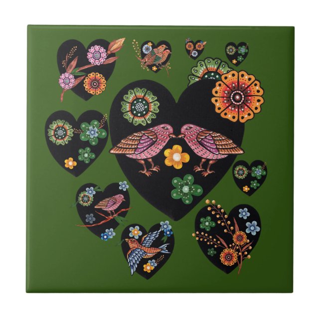 Azulejo Aves amorosas Arte folclórico escandinavo (Frente)