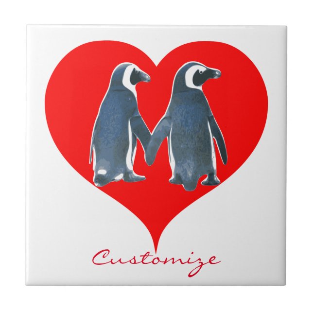 Azulejo Aves amorosas Pingüino Pareja Corazón Rojo Thunder (Frente)