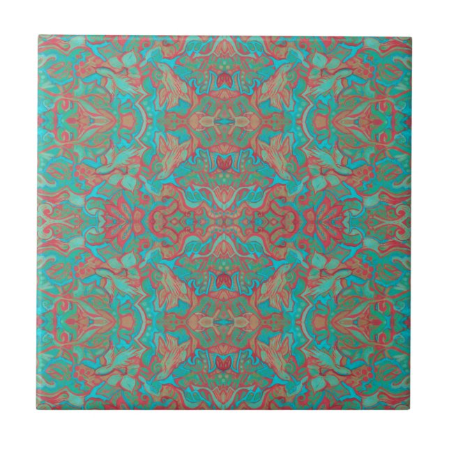 Azulejo Aves Arabesque Bohemian Boho Turquoise Red Green (Frente)