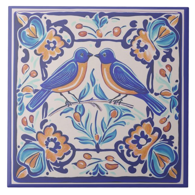 Azulejo Aves azules Mediterráneo AzulBird Floral Folclóric (Frente)