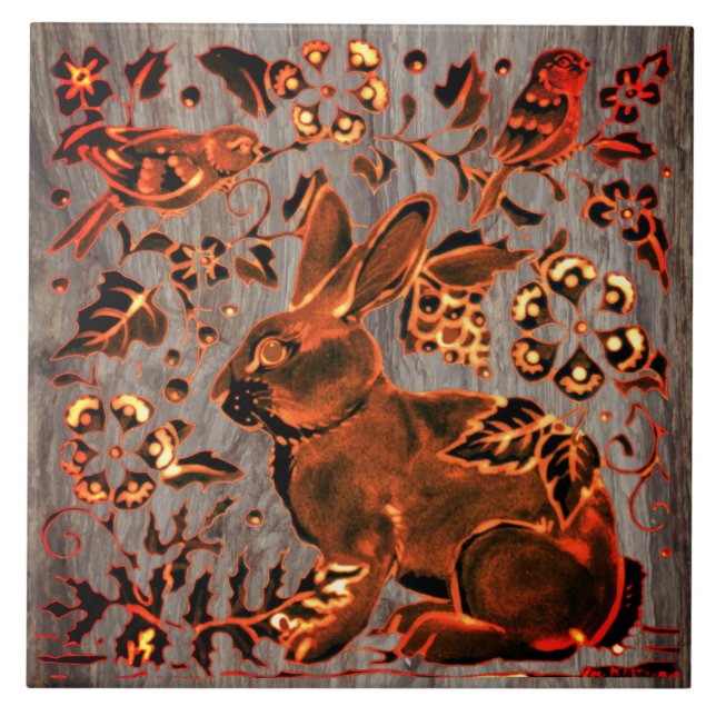 Azulejo Aves clásicas de conejo de cobre florales en piedr (Frente)