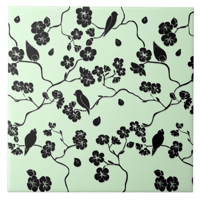 Azulejo Aves con flores de cerezo negro en verde menta (Frente)