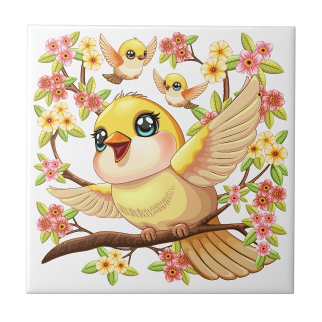 Azulejo Aves cortas y felices entre las flores de primaver (Frente)