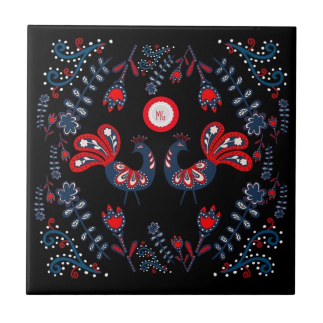 Azulejo Aves de arte folclórico escandinavo monogramadas (Frente)