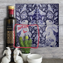 Azulejo Aves de Conejo Jacobeo Flores Azules Abajo Blanco 