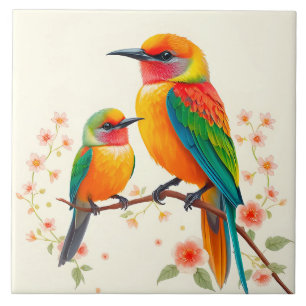 Azulejo Aves de Dibujos Animados Coloridos Posadas en una 