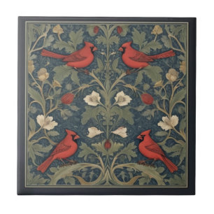 Azulejo Aves del Cardenal Rojo al estilo de William Morris