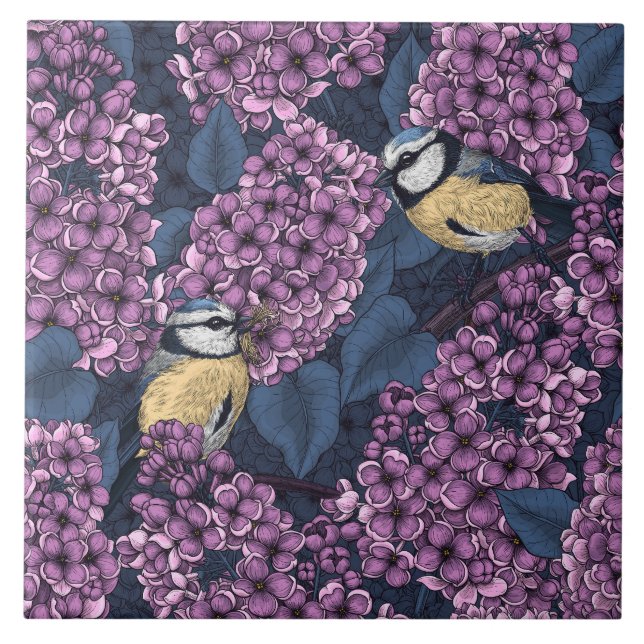Azulejo Aves en un jardín lila violeta (Frente)