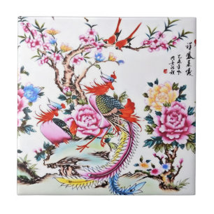 Azulejo Aves florales chinas antiguas Chinoiserie blanca