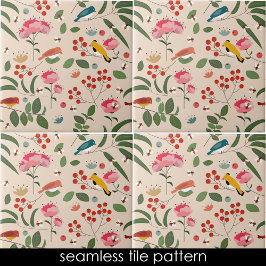 Azulejo Aves florales dibujadas a mano Patrón botánico de 