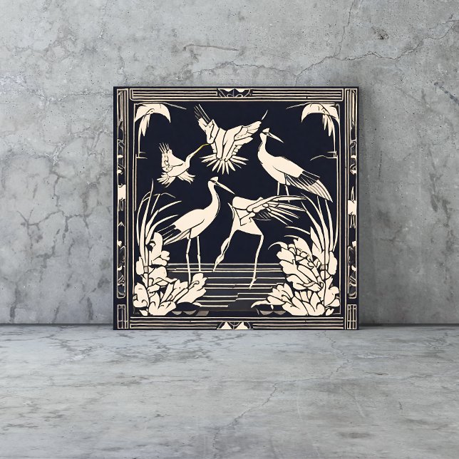 Azulejo Aves Grullas Art Deco Nouveau negro y blanco (birds tiles are a vintage Art Deco style with cranes in black and cream geometric style)