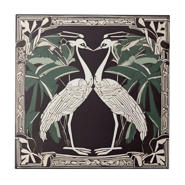 Azulejo Aves Grullas Familia Art Deco Nouveau Decorativo (Frente)