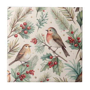 Azulejo Aves Navideñas Vintage - Acebo y Petirrojo