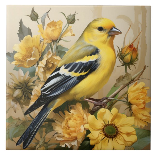 Azulejo Aves norteamericanas Goldfinch, amarillas y negras (Frente)
