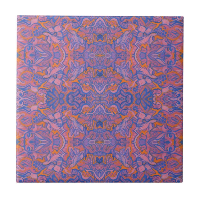 Azulejo Aves Patrón árabe de Naranja azul rosa bohemio (Frente)
